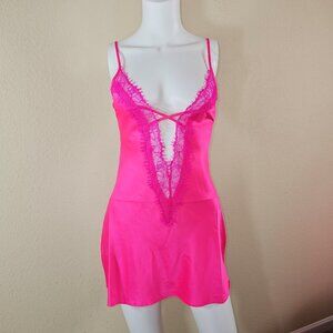 NWT Ann Summers Cherryann Bright Pink Satin & Lace Chemise Nightie Size XS